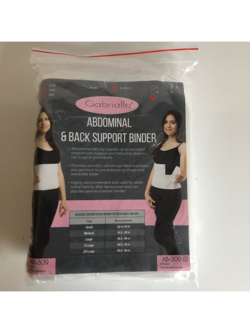 Gabrialla Abdominal and Back Support Binder Size Large 9in White Slimming NEW